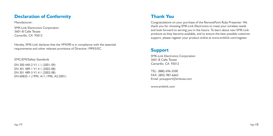 Support, Declaration of conformity | SMK-Link Electronics RemotePoint Ruby Presenter User Manual | Page 7 / 9