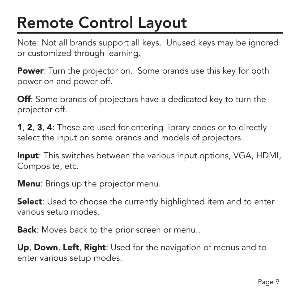 Remote control layout | SMK-Link Electronics Universal Projector Remote Control User Manual | Page 11 / 16