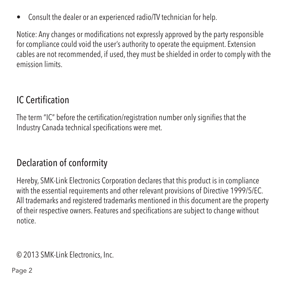 Ic certification, Declaration of conformity | SMK-Link Electronics Universal Projector Remote Control User Manual | Page 4 / 16