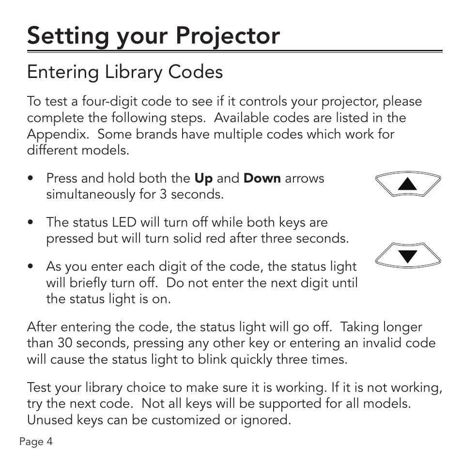 Setting your projector, Entering library codes | SMK-Link Electronics Universal Projector Remote Control User Manual | Page 6 / 16
