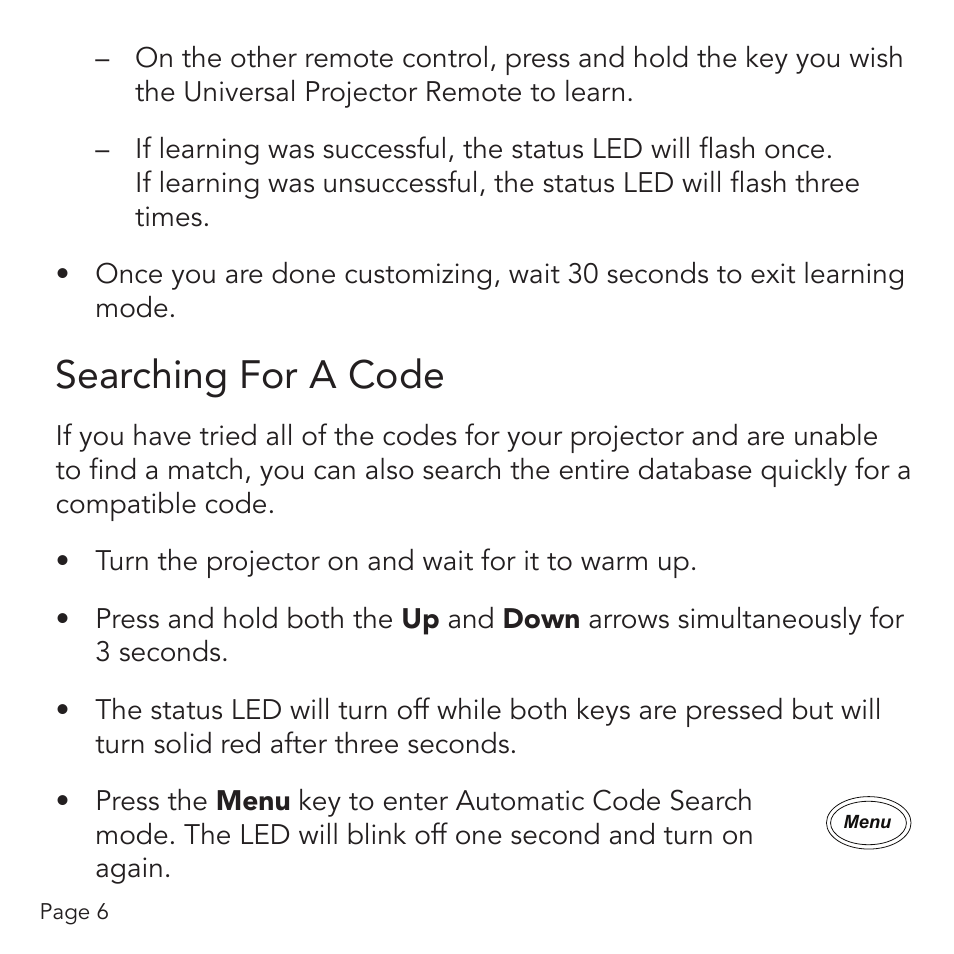 Searching for a code | SMK-Link Electronics Universal Projector Remote Control User Manual | Page 8 / 16