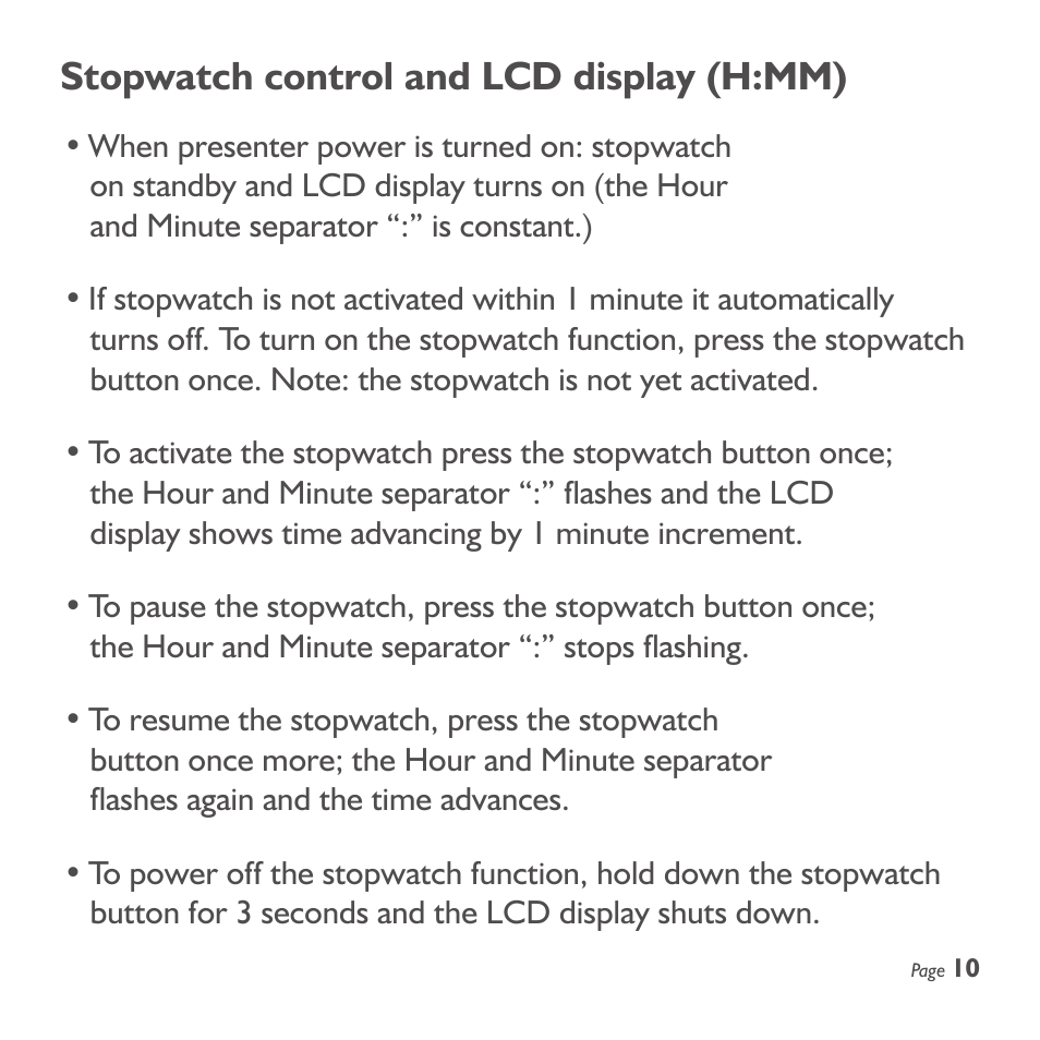 Stopwatch control and lcd display (h:mm) | SMK-Link Electronics Wireless Stopwatch Presenter Remote User Manual | Page 11 / 20