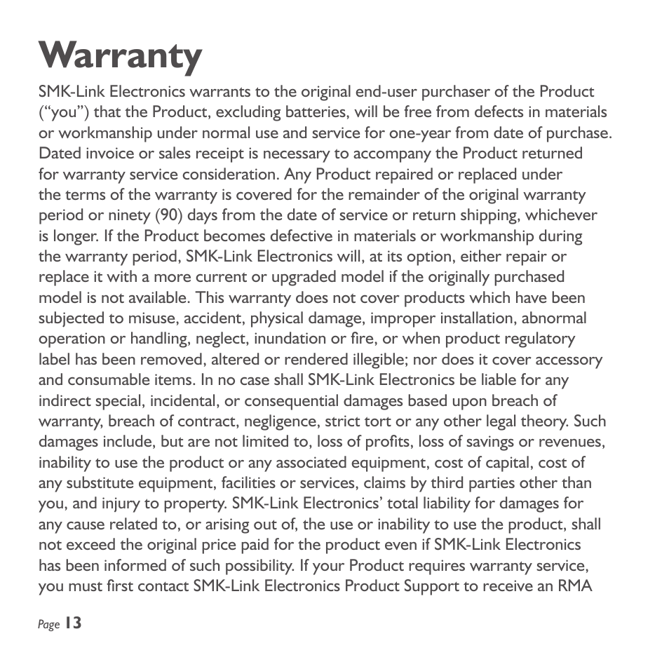 Warranty | SMK-Link Electronics Wireless Stopwatch Presenter Remote User Manual | Page 14 / 20