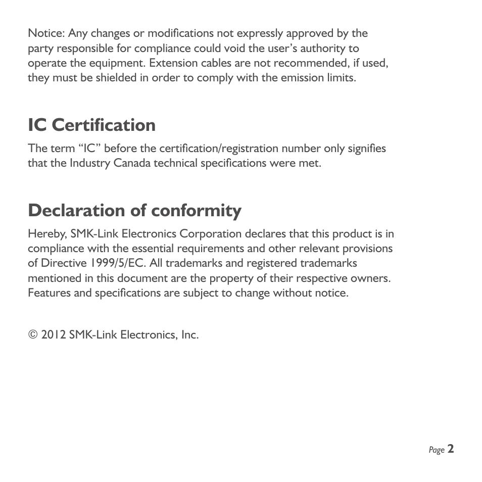 Ic certification, Declaration of conformity | SMK-Link Electronics Wireless Stopwatch Presenter Remote User Manual | Page 3 / 20