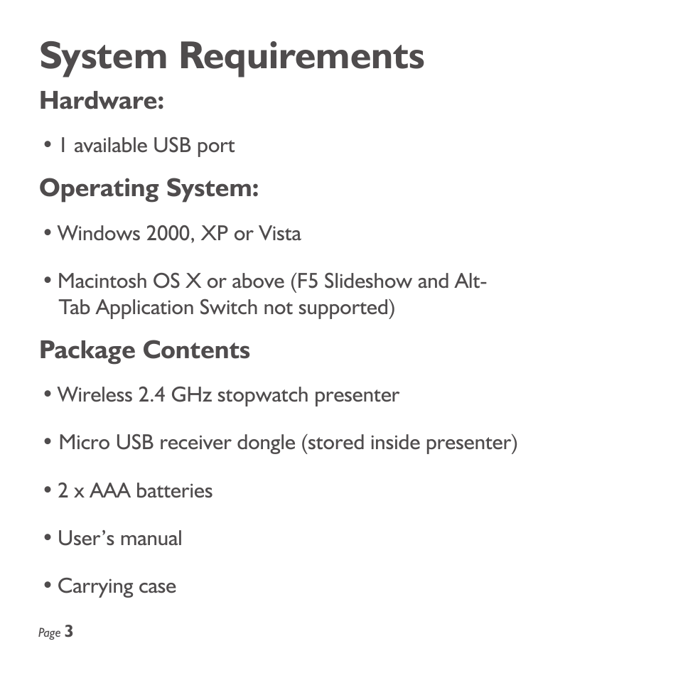 System requirements, Hardware, Operating system | Package contents | SMK-Link Electronics Wireless Stopwatch Presenter Remote User Manual | Page 4 / 20