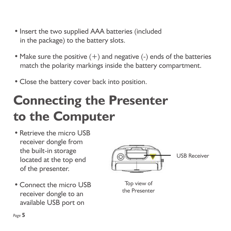 Connecting the presenter to the computer | SMK-Link Electronics Wireless Stopwatch Presenter Remote User Manual | Page 6 / 20