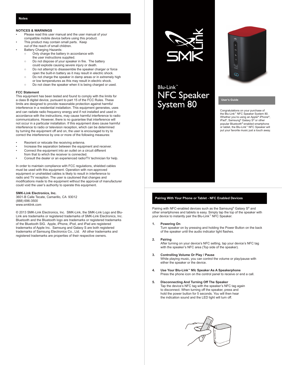 SMK-Link Electronics Blu-Link™ NFC Speaker System 80 User Manual | 2 pages