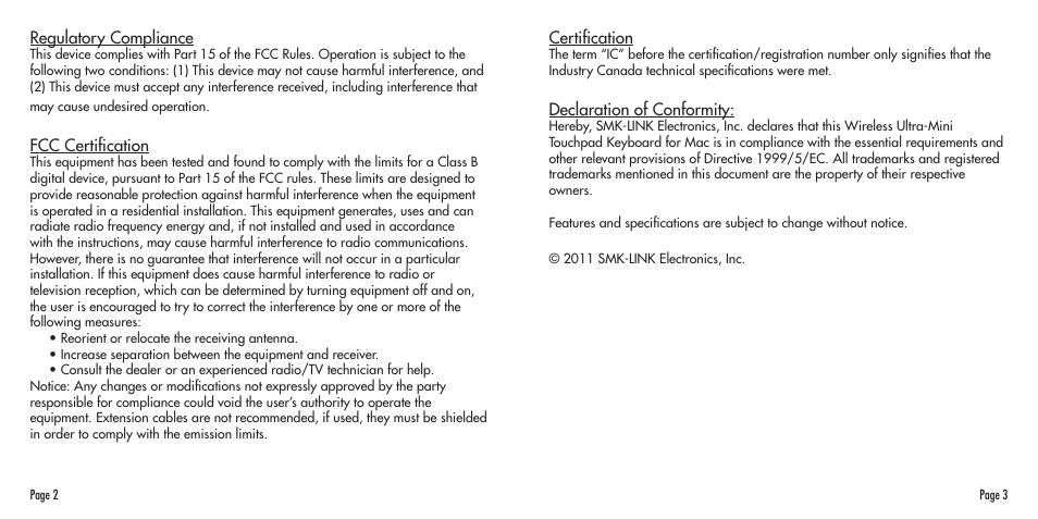 Regulatory compliance, Fcc certification, Certification | Declaration of conformity | SMK-Link Electronics Bluetooth Compact Keyboard User Manual | Page 2 / 14