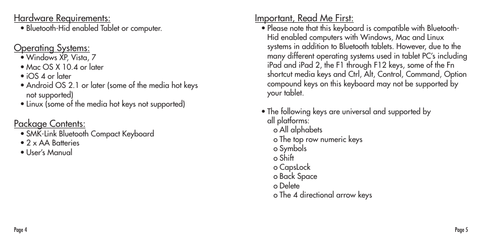 SMK-Link Electronics Bluetooth Compact Keyboard User Manual | Page 3 / 14
