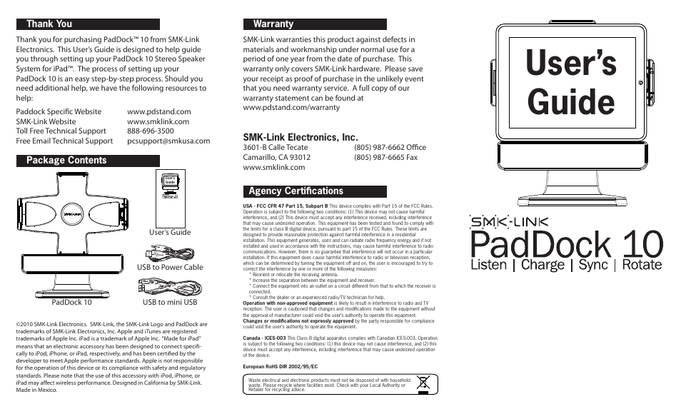 SMK-Link Electronics PadDock™ 10 User Manual | 2 pages