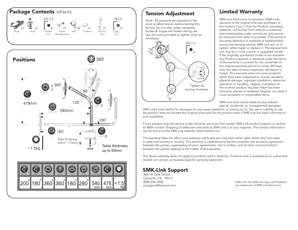 Limited warranty smk-link support, Tension adjustment, Positions package contents | SMK-Link Electronics PadDock™ Pivot Dual Arm Locking Tablet Stand User Manual | Page 2 / 2