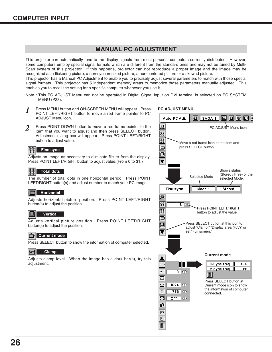 Computer input manual pc adjustment | Christie Digital Systems 103-002001 User Manual | Page 26 / 48