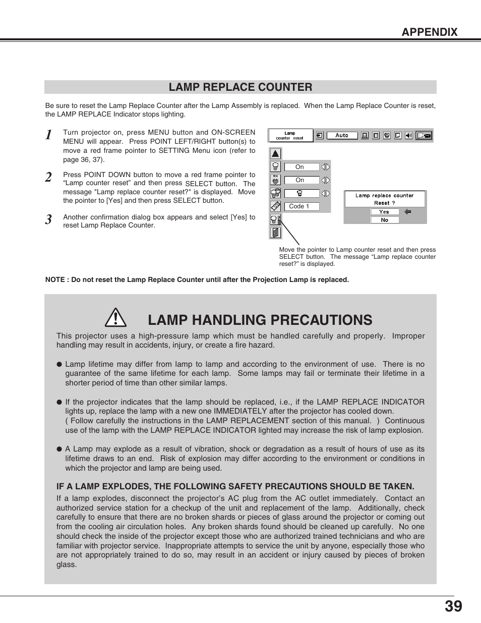 Lamp handling precautions, Appendix lamp replace counter | Christie Digital Systems 103-002001 User Manual | Page 39 / 48