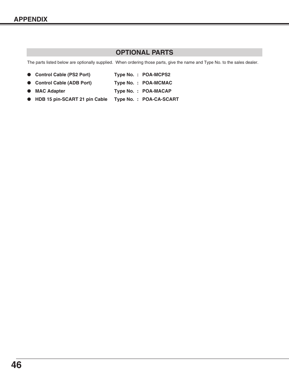 Optional parts, Appendix | Christie Digital Systems 103-002001 User Manual | Page 46 / 48