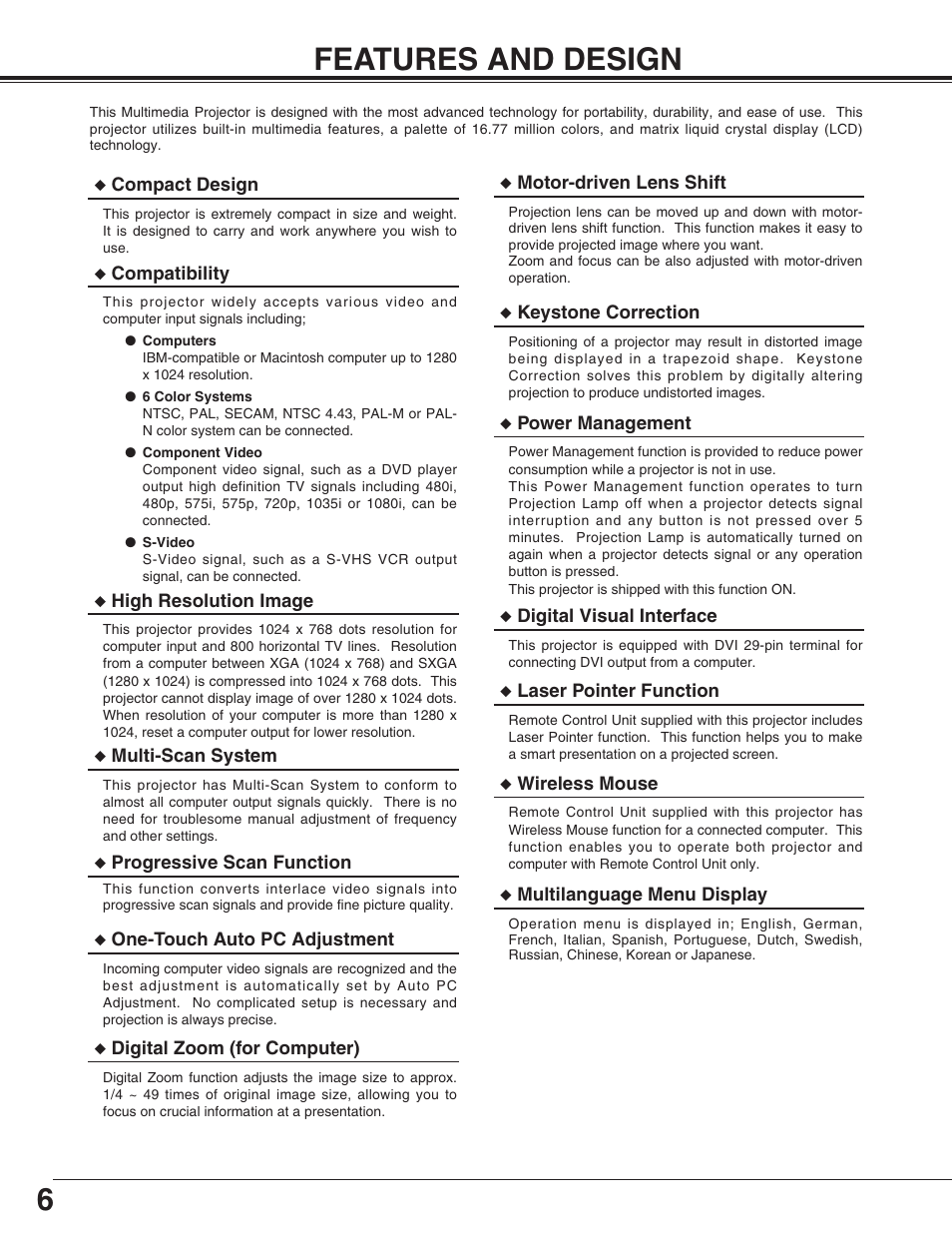 6features and design | Christie Digital Systems 103-002001 User Manual | Page 6 / 48
