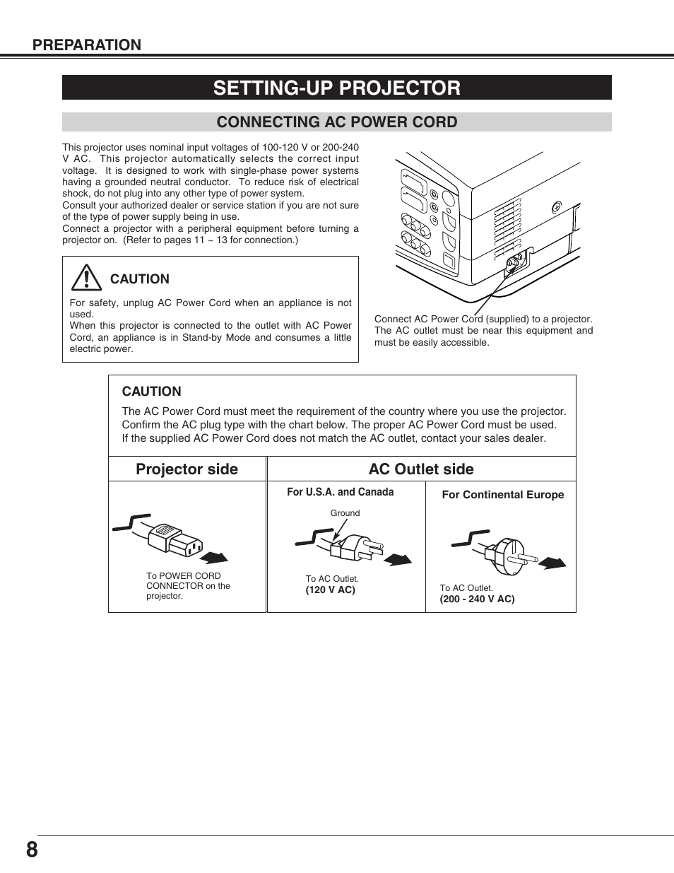 Setting-up projector, Preparation, Connecting ac power cord | Projector side ac outlet side | Christie Digital Systems 103-002001 User Manual | Page 8 / 48