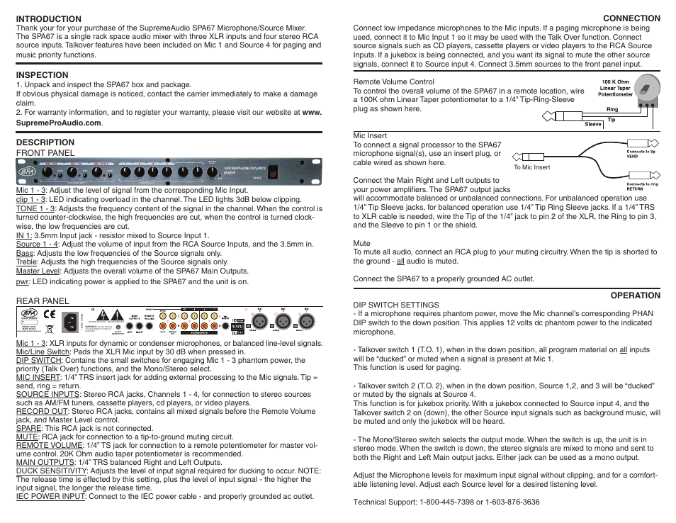 Introduction, Inspection, Description front panel | Rear panel, Connection, Operation | Supreme Audio SPA67 User Manual | Page 2 / 2