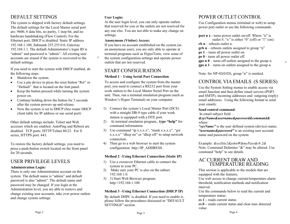 Default settings, User privilege levels, Start configuration | Power outlet control, Control via emails (s series), Ac current draw and temperature reading | Synaccess Networks NP-0201DT User Manual | Page 2 / 2