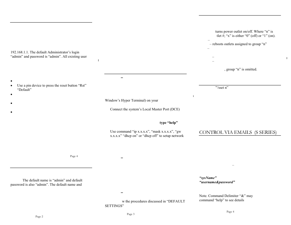 Default settings, User privilege levels, Start configuration | Power outlet control, User serial console port access, Control via emails (s series) | Synaccess Networks NPC-22T User Manual | Page 2 / 2