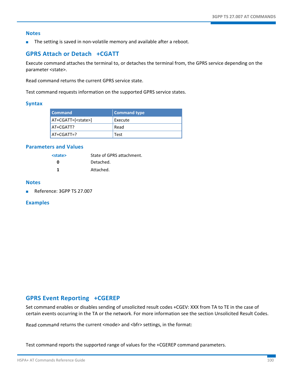 Notes, Gprs attach or detach +cgatt, Syntax | Parameters and values, Examples, Gprs event reporting +cgerep | Synaccess Networks NP-0801DTM User Manual | Page 100 / 330
