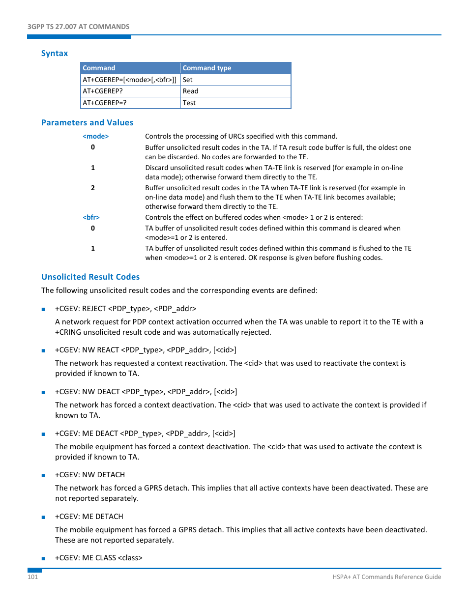 Syntax, Parameters and values, Unsolicited result codes | Synaccess Networks NP-0801DTM User Manual | Page 101 / 330