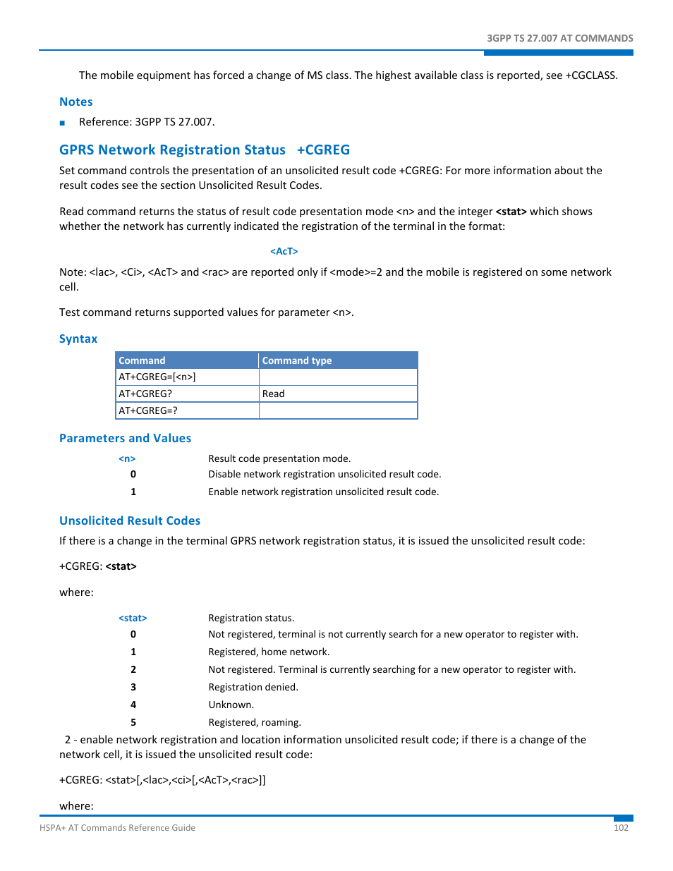 Notes, Gprs network registration status +cgreg, Syntax | Parameters and values, Unsolicited result codes | Synaccess Networks NP-0801DTM User Manual | Page 102 / 330
