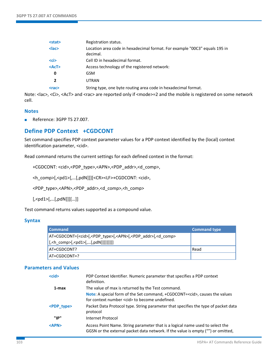 Notes, Define pdp context +cgdcont, Syntax | Parameters and values | Synaccess Networks NP-0801DTM User Manual | Page 103 / 330