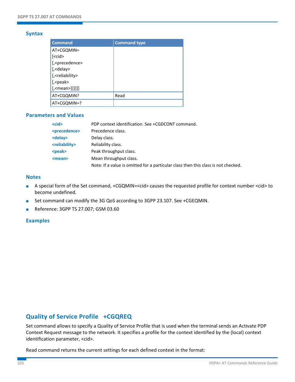 Syntax, Parameters and values, Notes | Examples, Quality of service profile +cgqreq | Synaccess Networks NP-0801DTM User Manual | Page 105 / 330