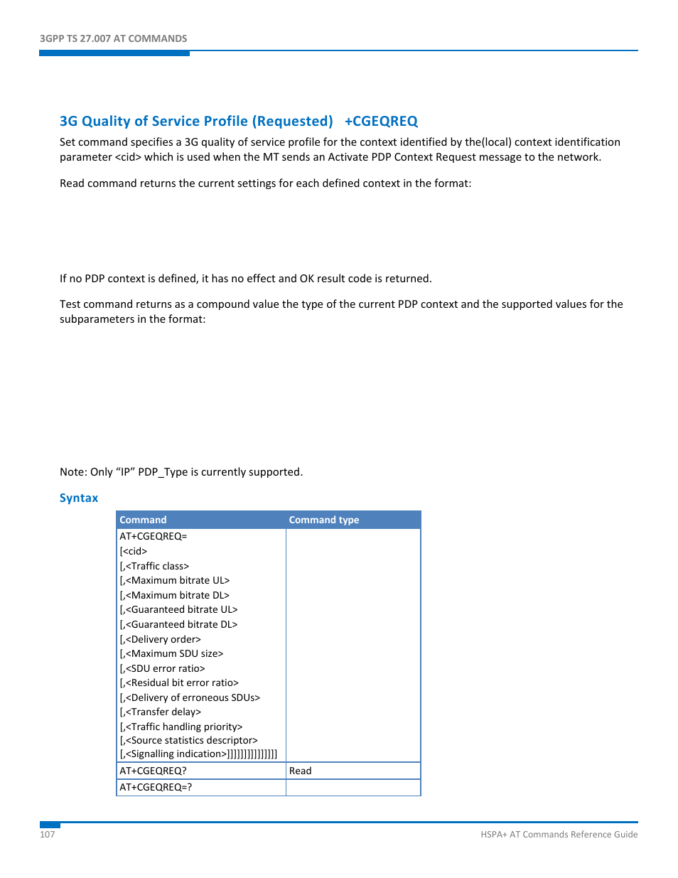 3g quality of service profile (requested) +cgeqreq, Syntax | Synaccess Networks NP-0801DTM User Manual | Page 107 / 330