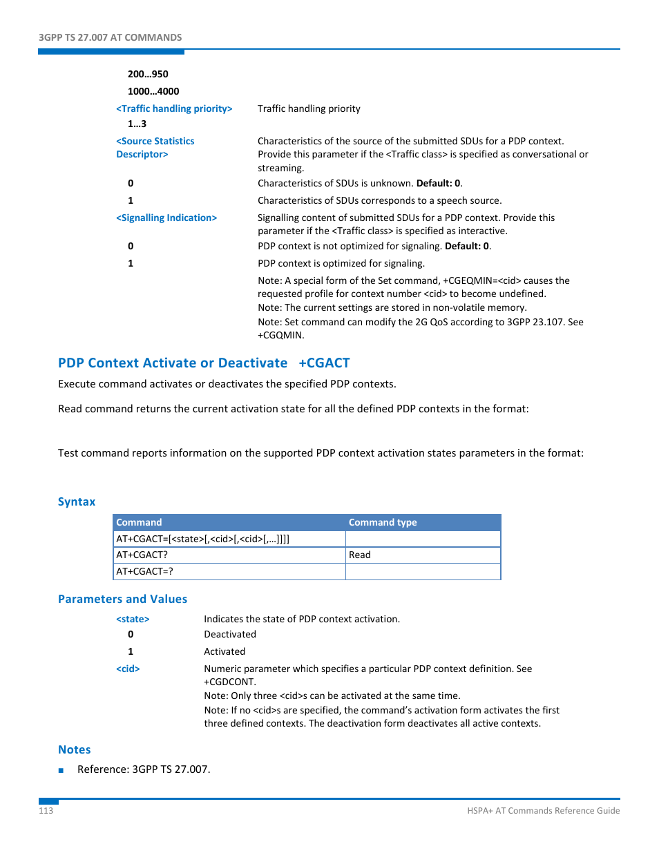 Pdp context activate or deactivate +cgact, Syntax, Parameters and values | Notes | Synaccess Networks NP-0801DTM User Manual | Page 113 / 330