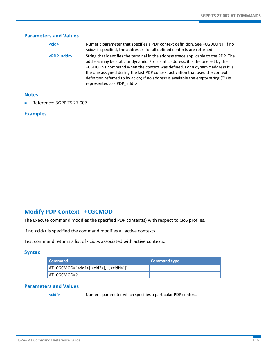 Parameters and values, Notes, Examples | Modify pdp context +cgcmod, Syntax | Synaccess Networks NP-0801DTM User Manual | Page 116 / 330
