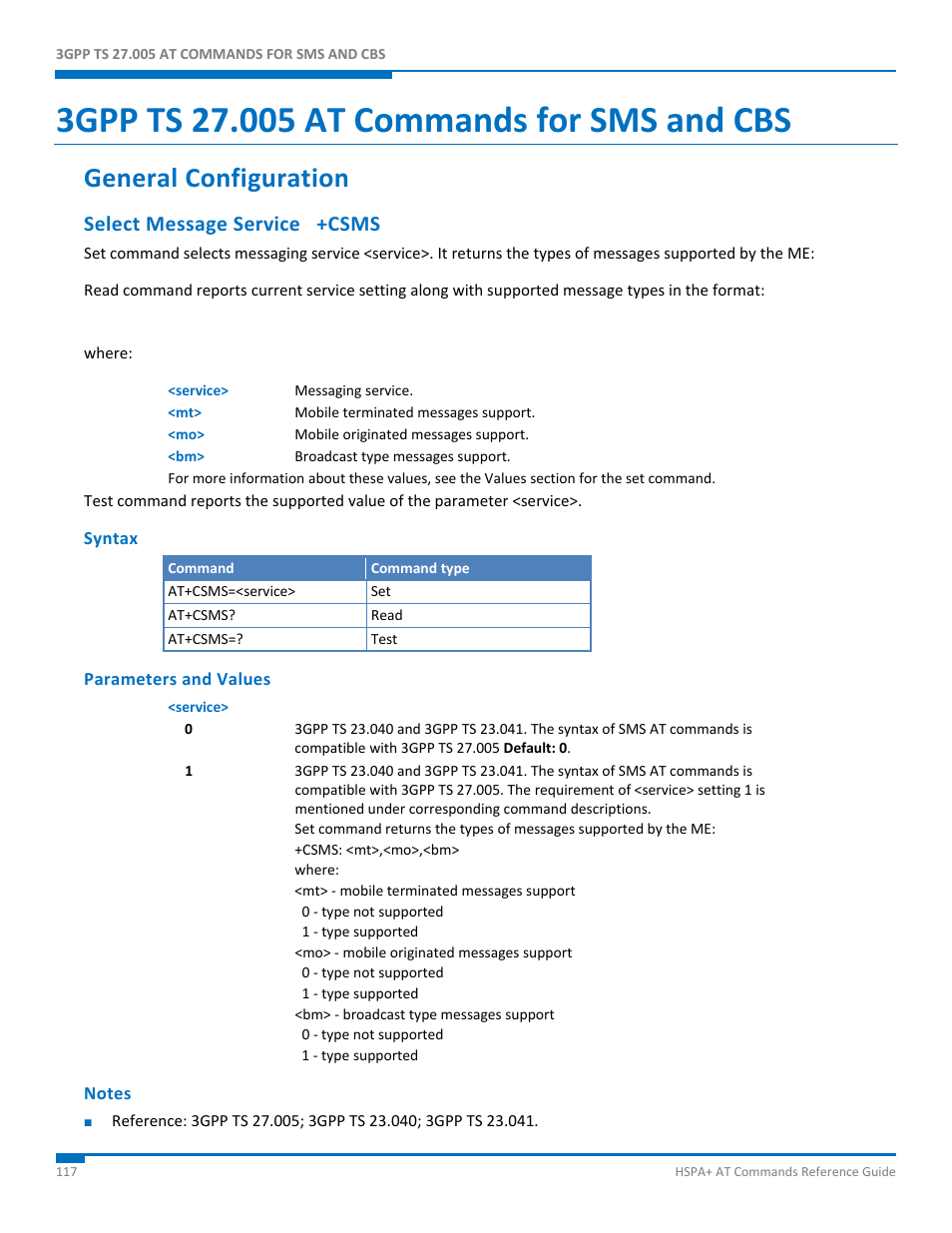 3gpp ts 27.005 at commands for sms and cbs, General configuration, Select message service +csms | Syntax, Parameters and values, Notes | Synaccess Networks NP-0801DTM User Manual | Page 117 / 330