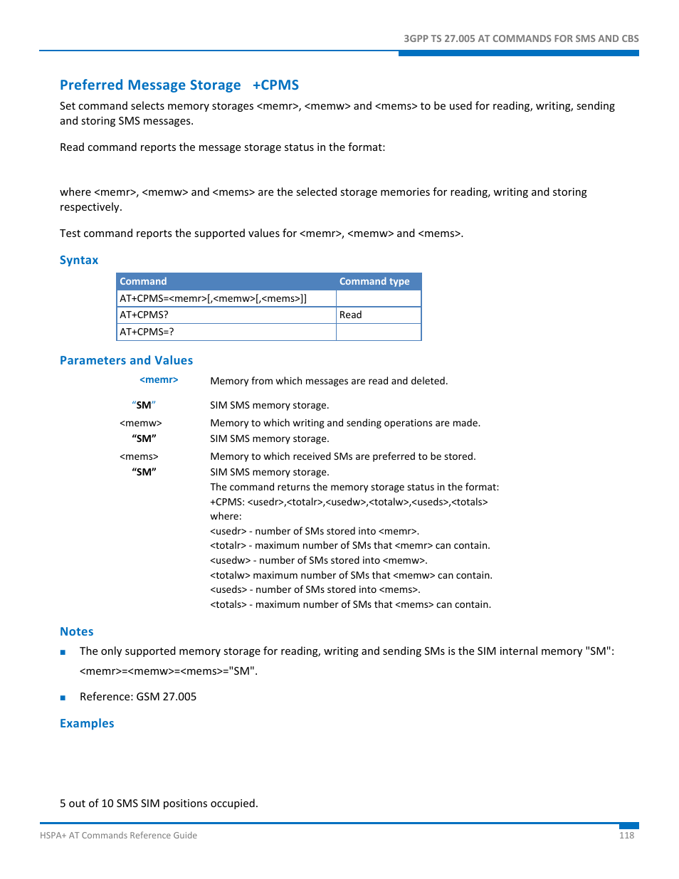 Preferred message storage +cpms, Syntax, Parameters and values | Notes, Examples | Synaccess Networks NP-0801DTM User Manual | Page 118 / 330