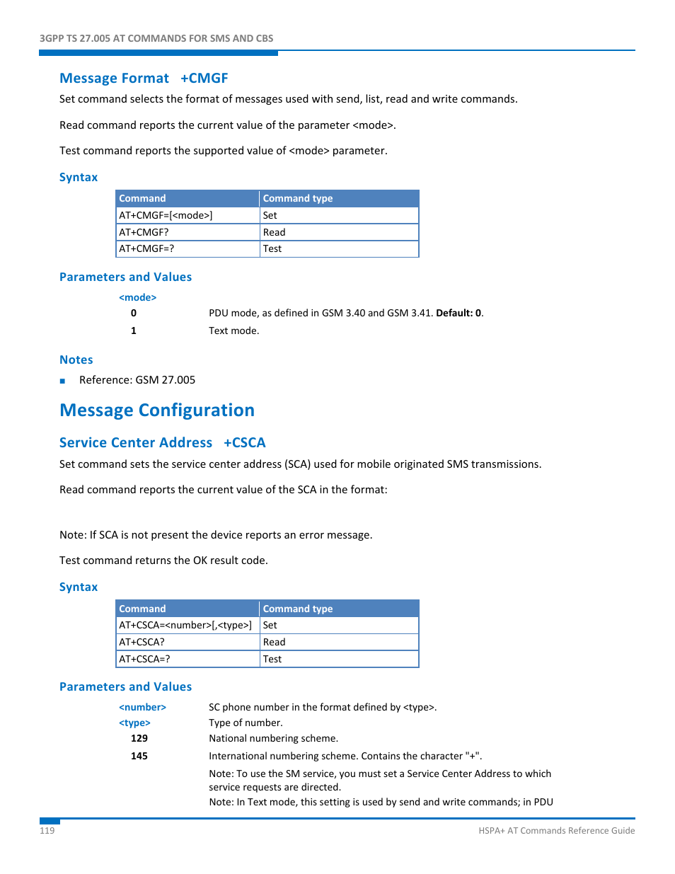 Message format +cmgf, Syntax, Parameters and values | Notes, Message configuration, Service center address +csca | Synaccess Networks NP-0801DTM User Manual | Page 119 / 330