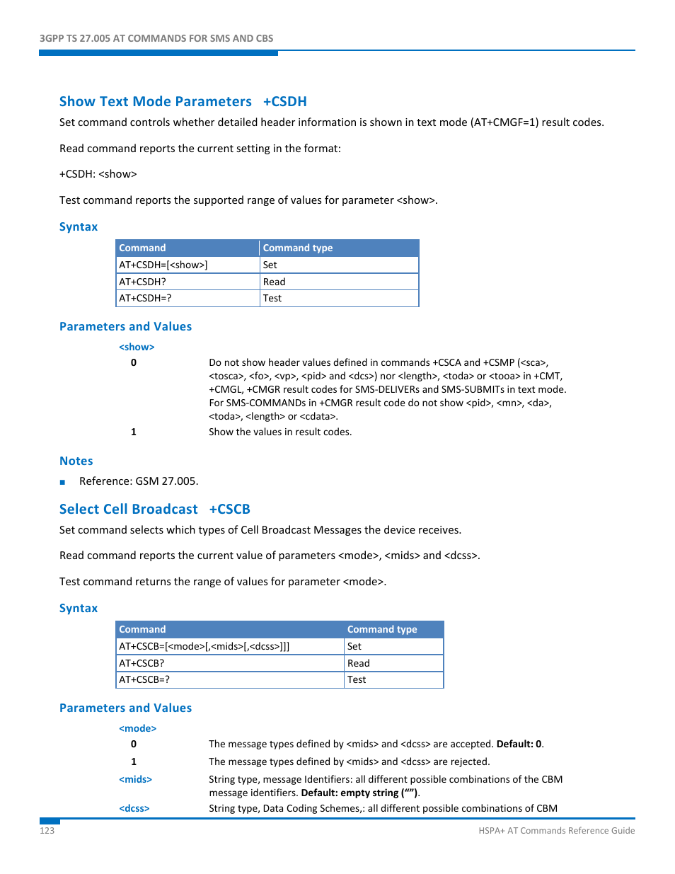 Show text mode parameters +csdh, Syntax, Parameters and values | Notes, Select cell broadcast +cscb | Synaccess Networks NP-0801DTM User Manual | Page 123 / 330