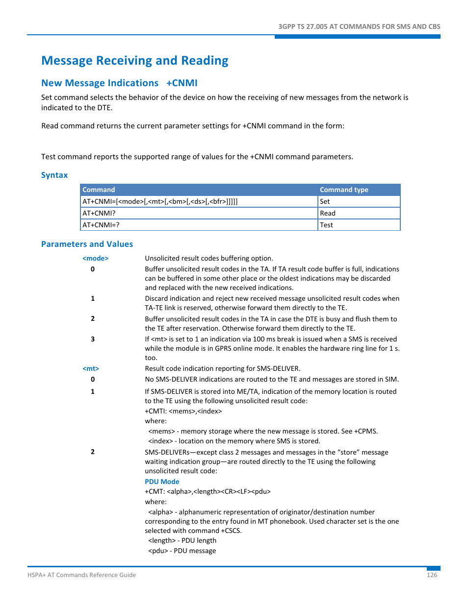 Message receiving and reading, New message indications +cnmi, Syntax | Parameters and values | Synaccess Networks NP-0801DTM User Manual | Page 126 / 330