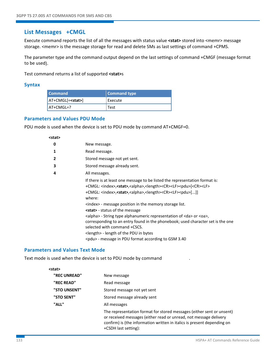 List messages +cmgl, Syntax, Parameters and values pdu mode | Parameters and values text mode | Synaccess Networks NP-0801DTM User Manual | Page 133 / 330