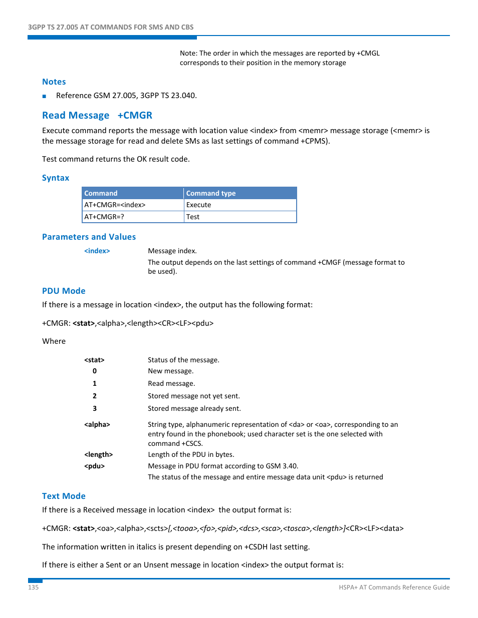 Notes, Read message +cmgr, Syntax | Parameters and values, Pdu mode, Text mode | Synaccess Networks NP-0801DTM User Manual | Page 135 / 330