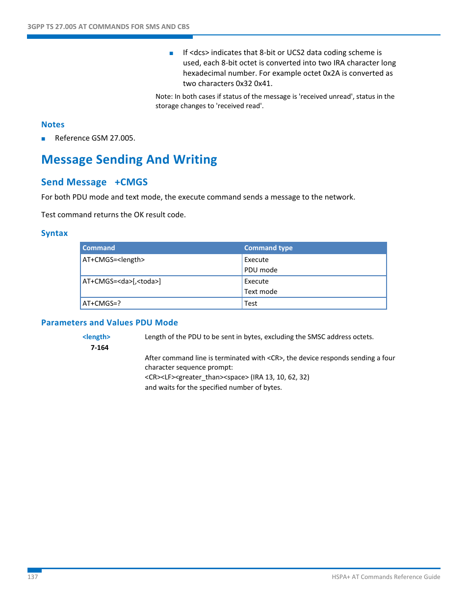 Notes, Message sending and writing, Send message +cmgs | Syntax, Parameters and values pdu mode | Synaccess Networks NP-0801DTM User Manual | Page 137 / 330