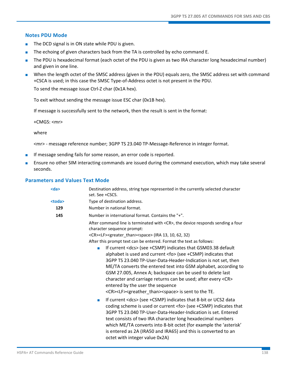 Notes pdu mode, Parameters and values text mode | Synaccess Networks NP-0801DTM User Manual | Page 138 / 330