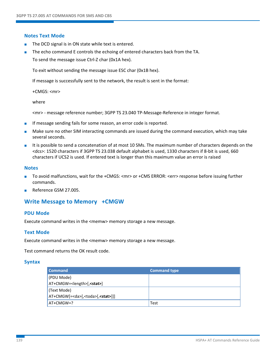 Notes text mode, Notes, Write message to memory +cmgw | Pdu mode, Text mode, Syntax | Synaccess Networks NP-0801DTM User Manual | Page 139 / 330