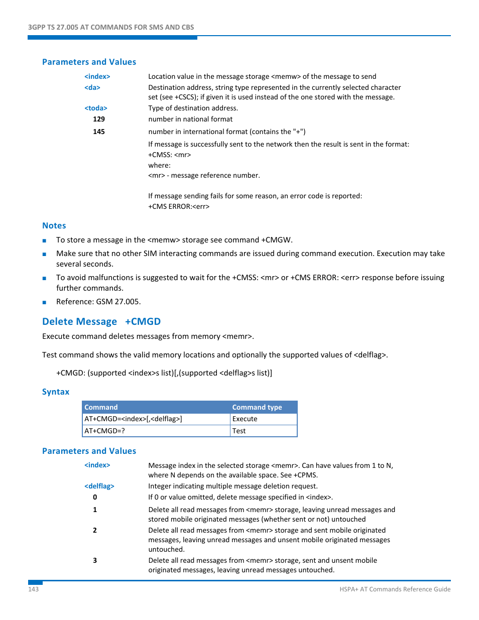 Parameters and values, Notes, Delete message +cmgd | Syntax | Synaccess Networks NP-0801DTM User Manual | Page 143 / 330