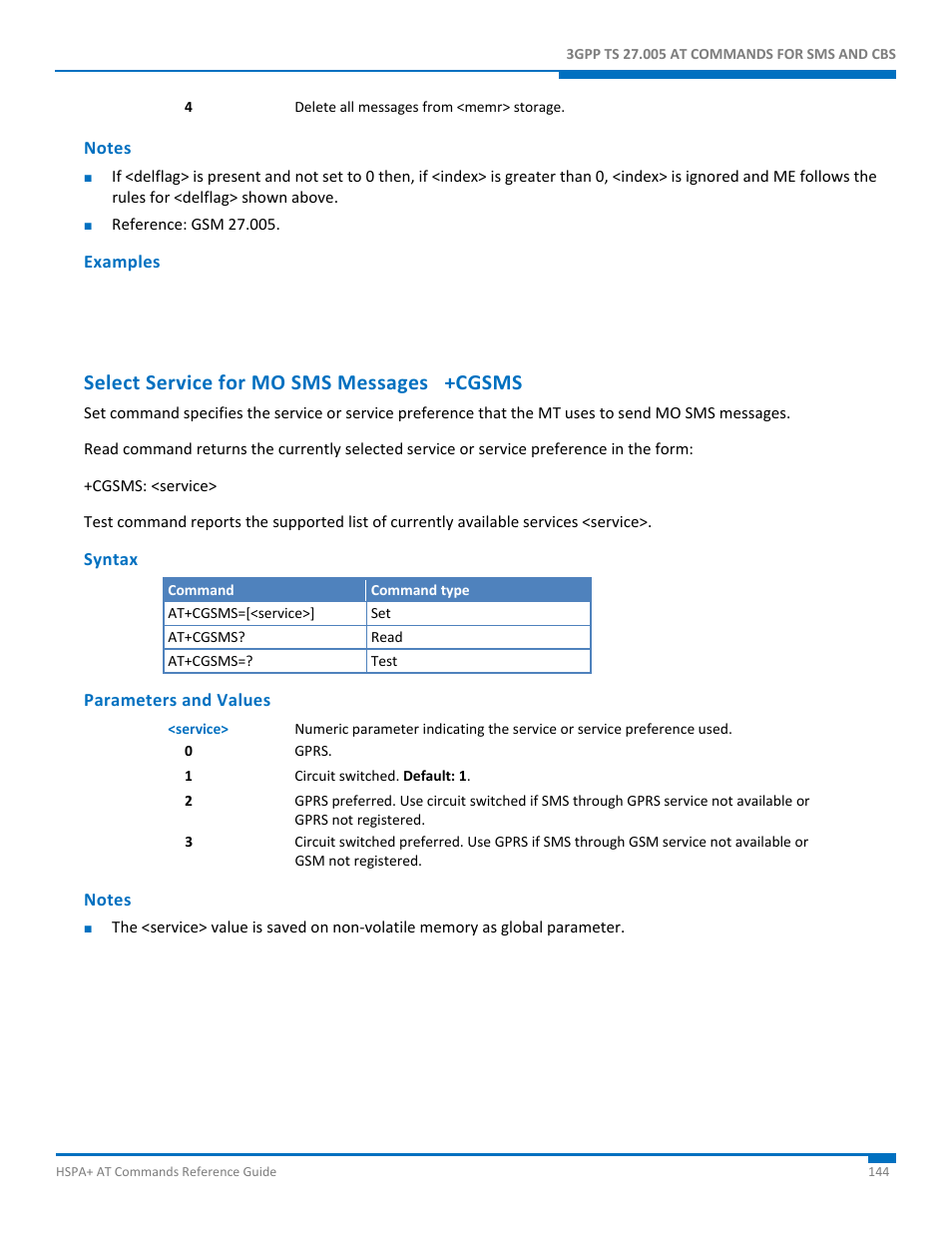 Notes, Examples, Select service for mo sms messages +cgsms | Syntax, Parameters and values | Synaccess Networks NP-0801DTM User Manual | Page 144 / 330