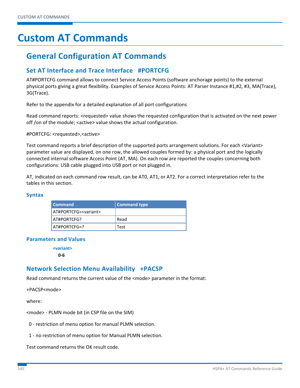 Custom at commands, General configuration at commands, Set at interface and trace interface #portcfg | Syntax, Parameters and values, Network selection menu availability +pacsp | Synaccess Networks NP-0801DTM User Manual | Page 145 / 330