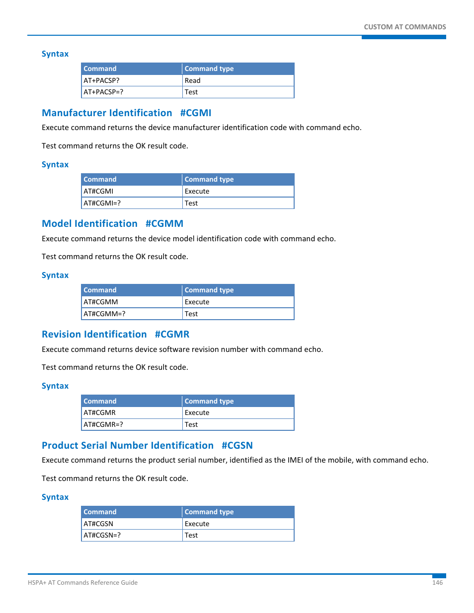Syntax, Manufacturer identification #cgmi, Model identification #cgmm | Revision identification #cgmr, Product serial number identification #cgsn | Synaccess Networks NP-0801DTM User Manual | Page 146 / 330