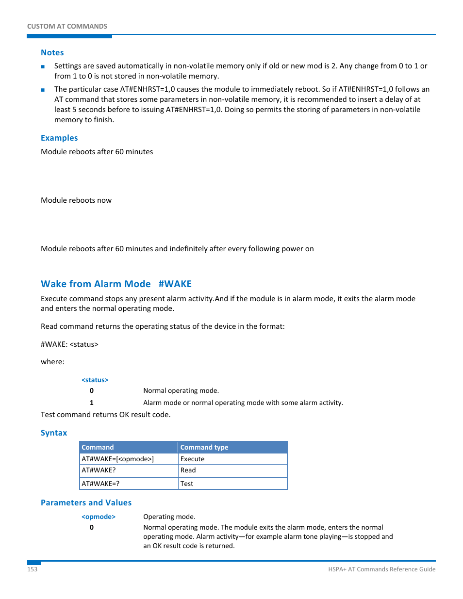 Notes, Examples, Wake from alarm mode #wake | Syntax, Parameters and values | Synaccess Networks NP-0801DTM User Manual | Page 153 / 330