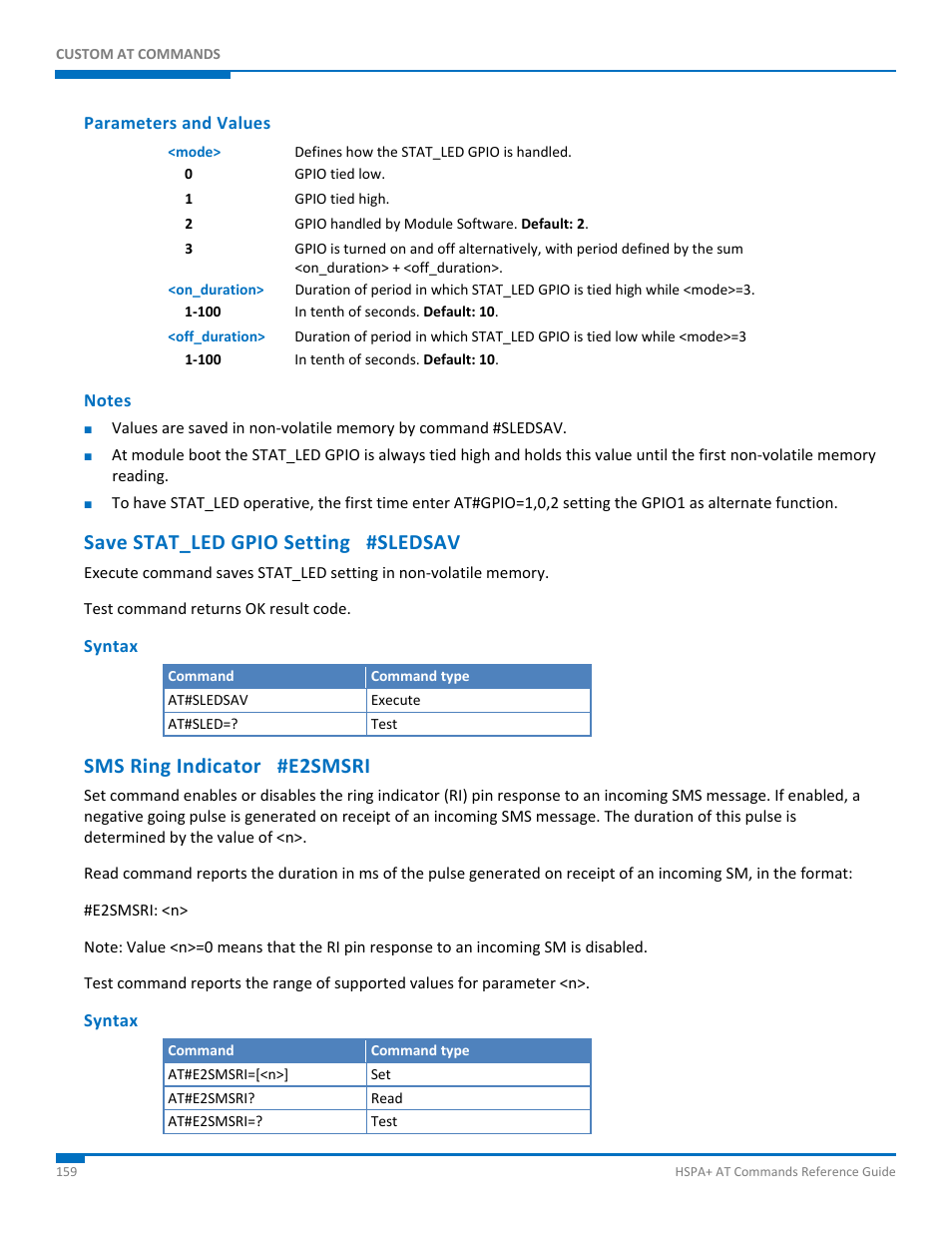 Parameters and values, Notes, Save stat_led gpio setting #sledsav | Syntax, Sms ring indicator #e2smsri | Synaccess Networks NP-0801DTM User Manual | Page 159 / 330