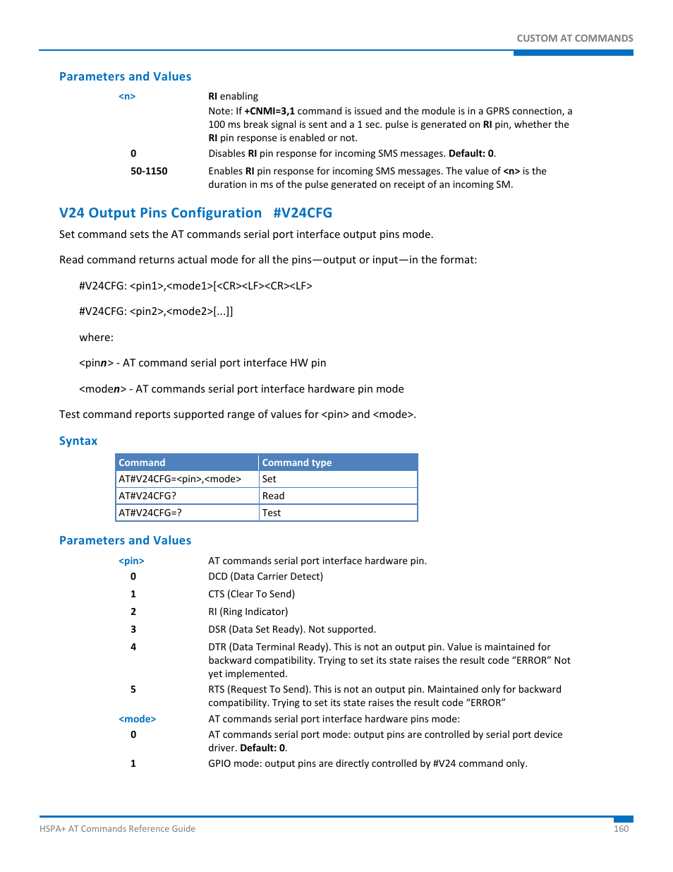 Parameters and values, V24 output pins configuration #v24cfg, Syntax | Synaccess Networks NP-0801DTM User Manual | Page 160 / 330