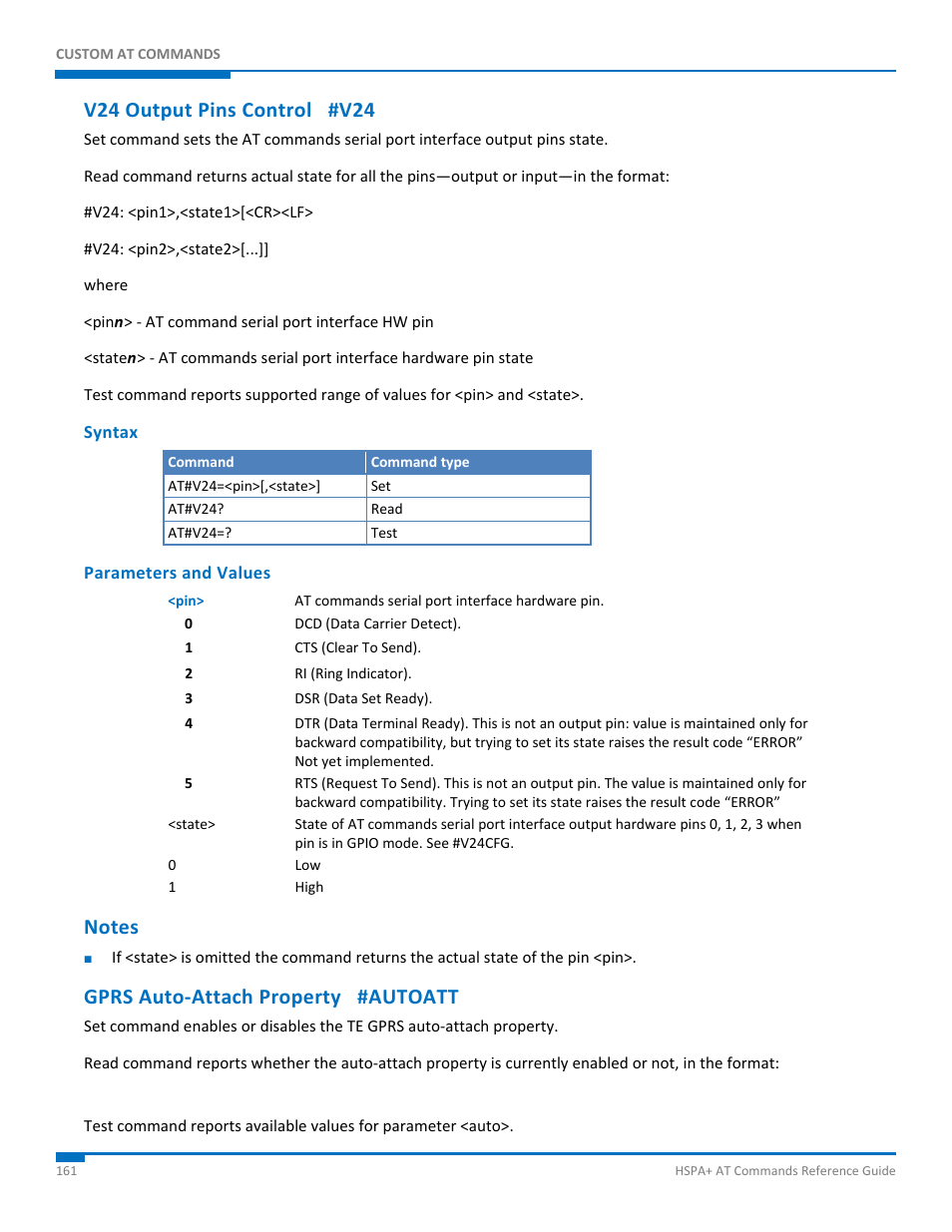 V24 output pins control #v24, Syntax, Parameters and values | Notes, Gprs auto-attach property #autoatt, Gprs auto‐attach property #autoatt | Synaccess Networks NP-0801DTM User Manual | Page 161 / 330