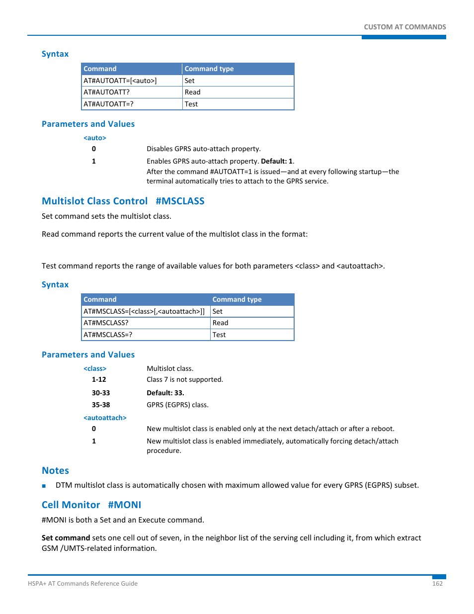 Syntax, Parameters and values, Multislot class control #msclass | Notes, Cell monitor #moni | Synaccess Networks NP-0801DTM User Manual | Page 162 / 330